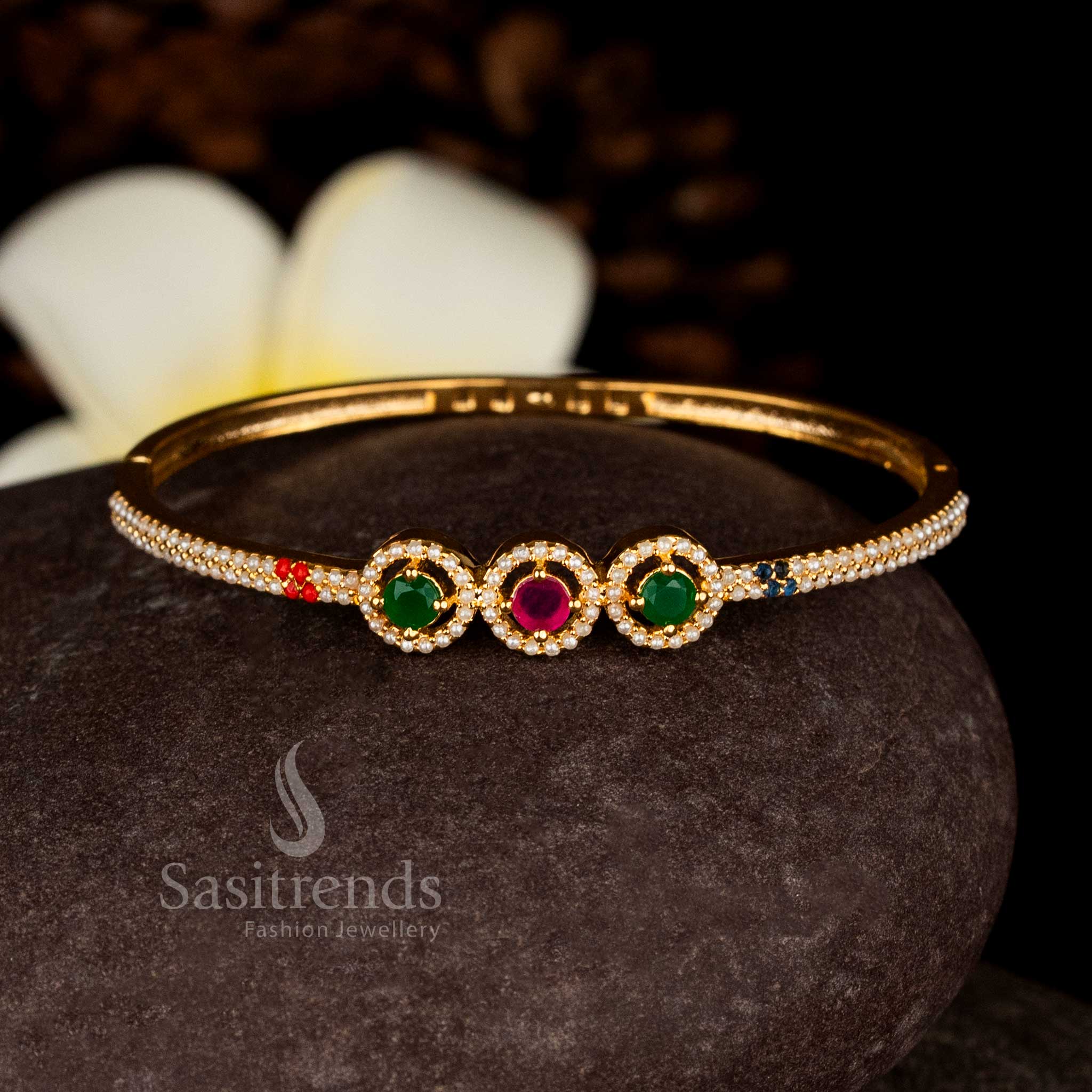 Micro gold plated round AD stone openable bracelet bangle with guaranteed shine for saree styling – Sasitrends