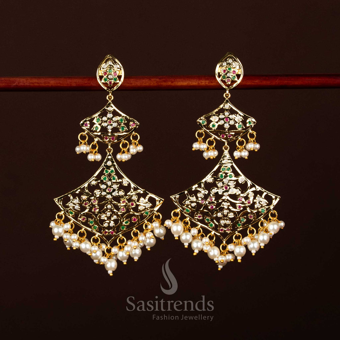 Elegant Punjabi Jadau diamond shape filigree pearl dangler earrings with guaranteed shine – Sasitrends