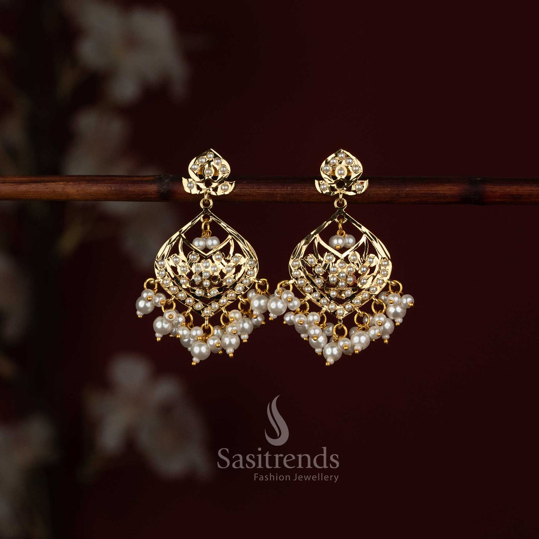 Traditional Punjabi Jadau 24K micro gold plated Navarathna pearl drop earrings for grand occasions by Sasitrends