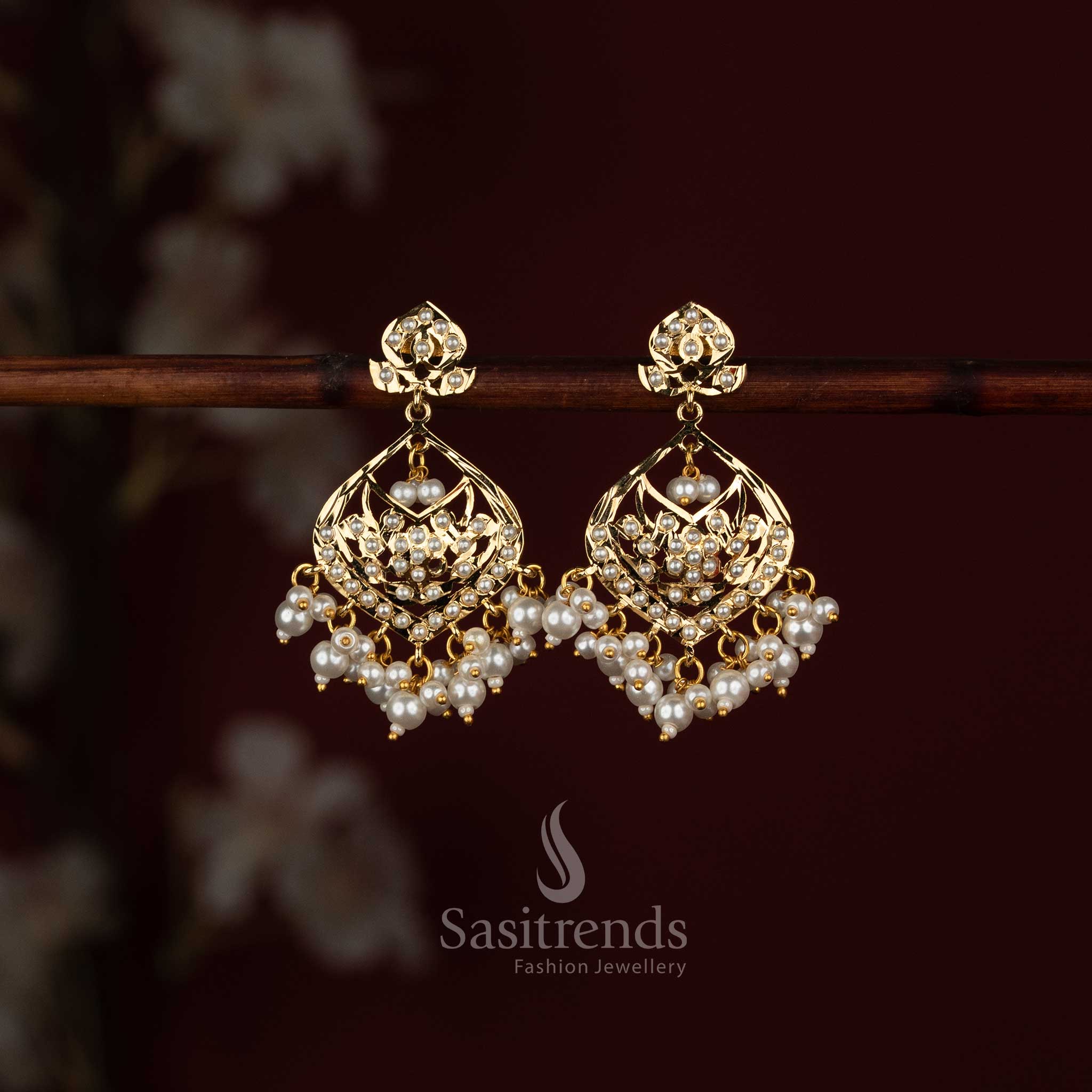 Traditional Punjabi Jadau 24K micro gold plated Navarathna pearl drop earrings for grand occasions by Sasitrends