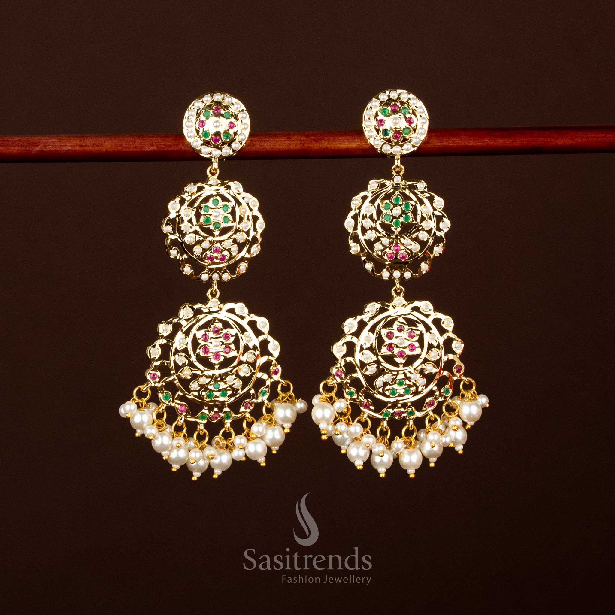 24K micro gold plated Punjabi Jadau pearl chandelier earrings with guaranteed shine – Sasitrends