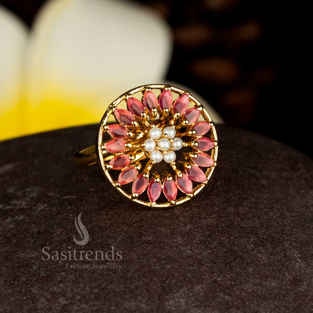 Guaranteed Traditional Ruby AD stone Micro gold plated floral ring with marquise petal design and central pearl cluster - Sasitrends
