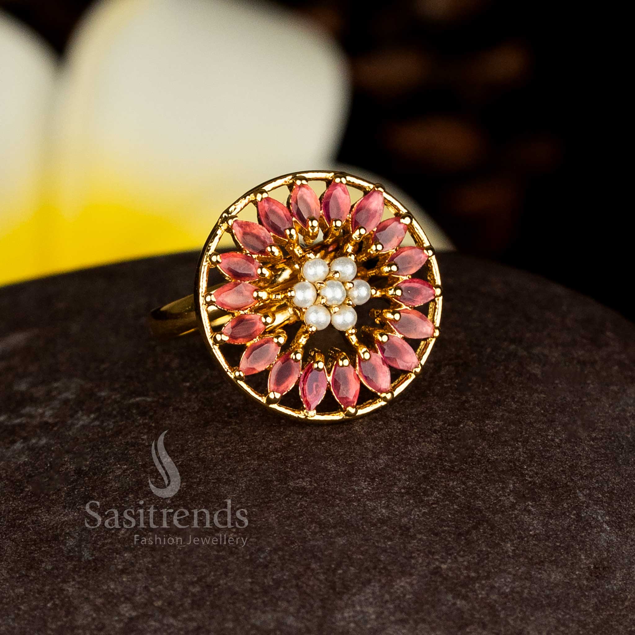 Guaranteed Traditional Ruby AD stone Micro gold plated floral ring with marquise petal design and central pearl cluster - Sasitrends
