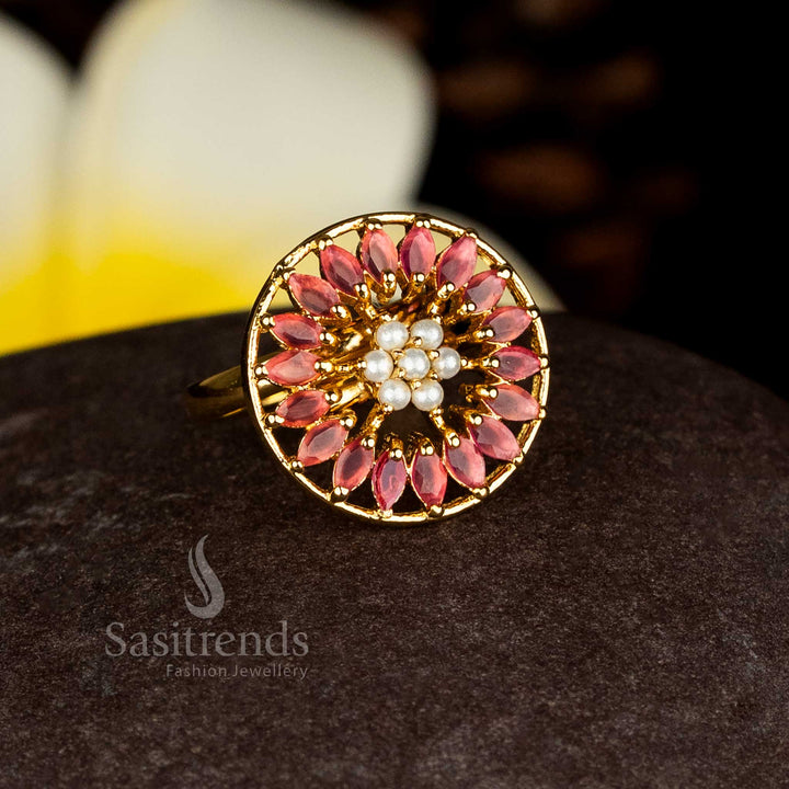 Guaranteed Traditional Ruby AD stone Micro gold plated floral ring with marquise petal design and central pearl cluster - Sasitrends