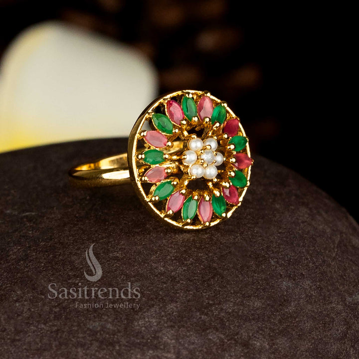 Guaranteed Traditional One Gram 24K Micro Gold Plated Pearl Floral Cocktail Ring | Festive wear