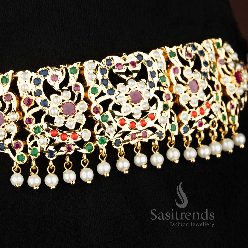 24K micro gold plated Punjabi jadau peacock design choker with Navarathna AD stones and pearl hangings - Sasitrends