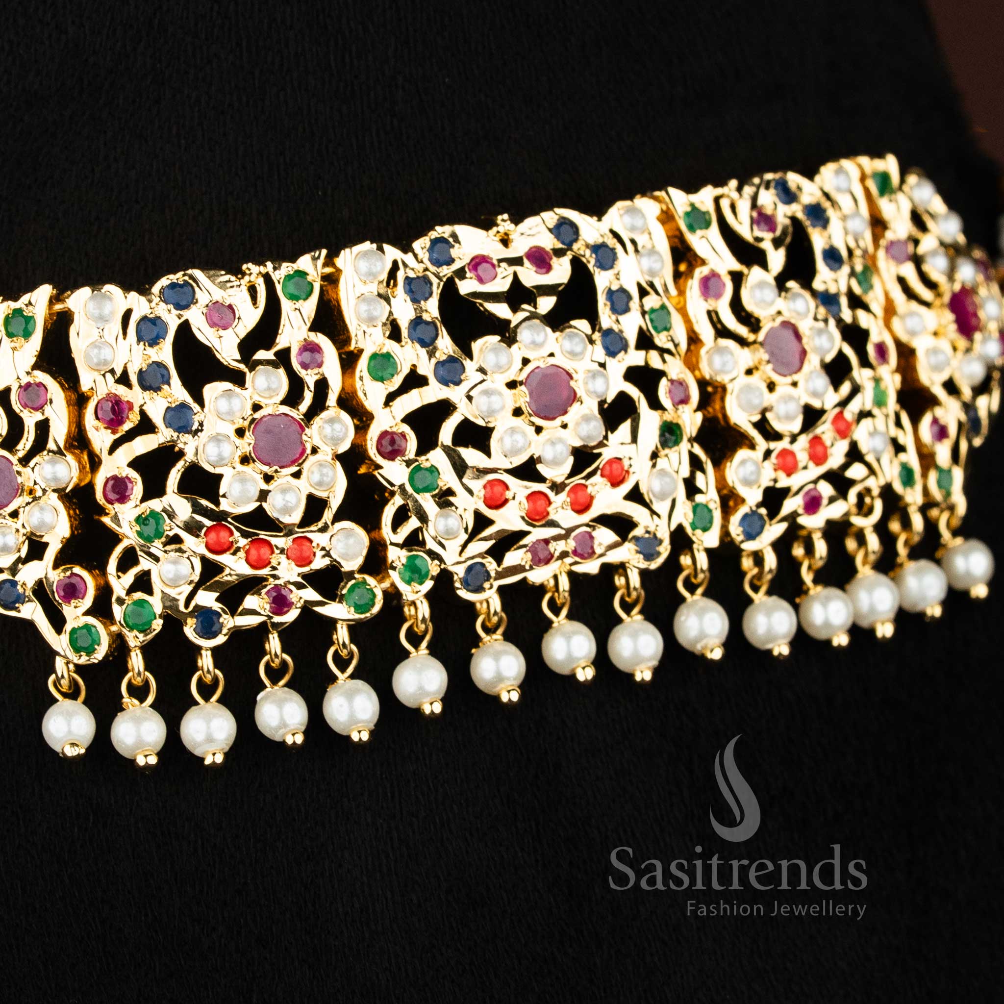 24K micro gold plated Punjabi jadau peacock design choker with Navarathna AD stones and pearl hangings - Sasitrends