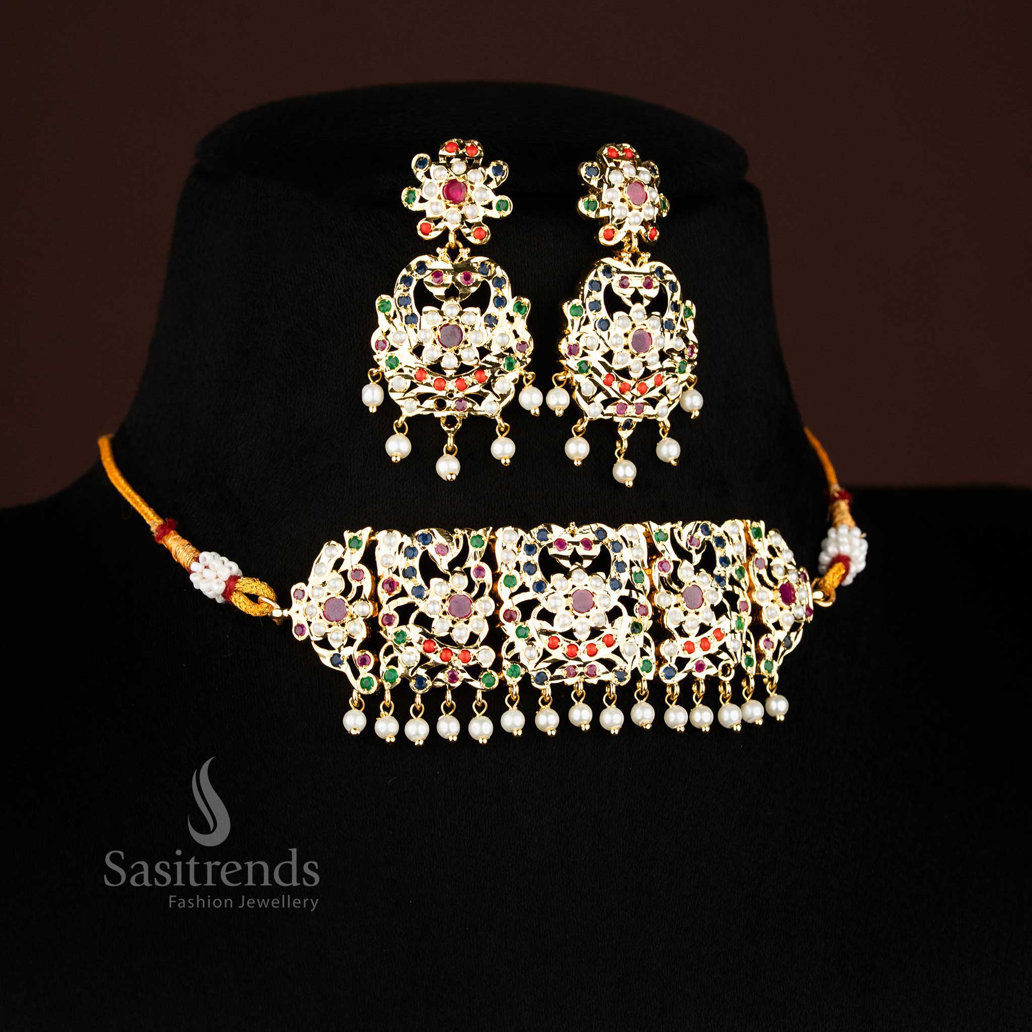 Real gold look punjabi peacock motif jadau micro gold plated choker necklace set with Navarathna AD stones and pearl droplets - Sasitrends