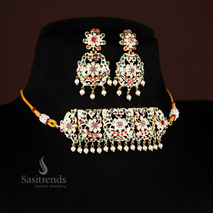 Traditional Punjabi Jadau Micro Gold Plated Peacock Pearl Navarathna AD Stone Choker Necklace Jewellery Set For Grand Occassions