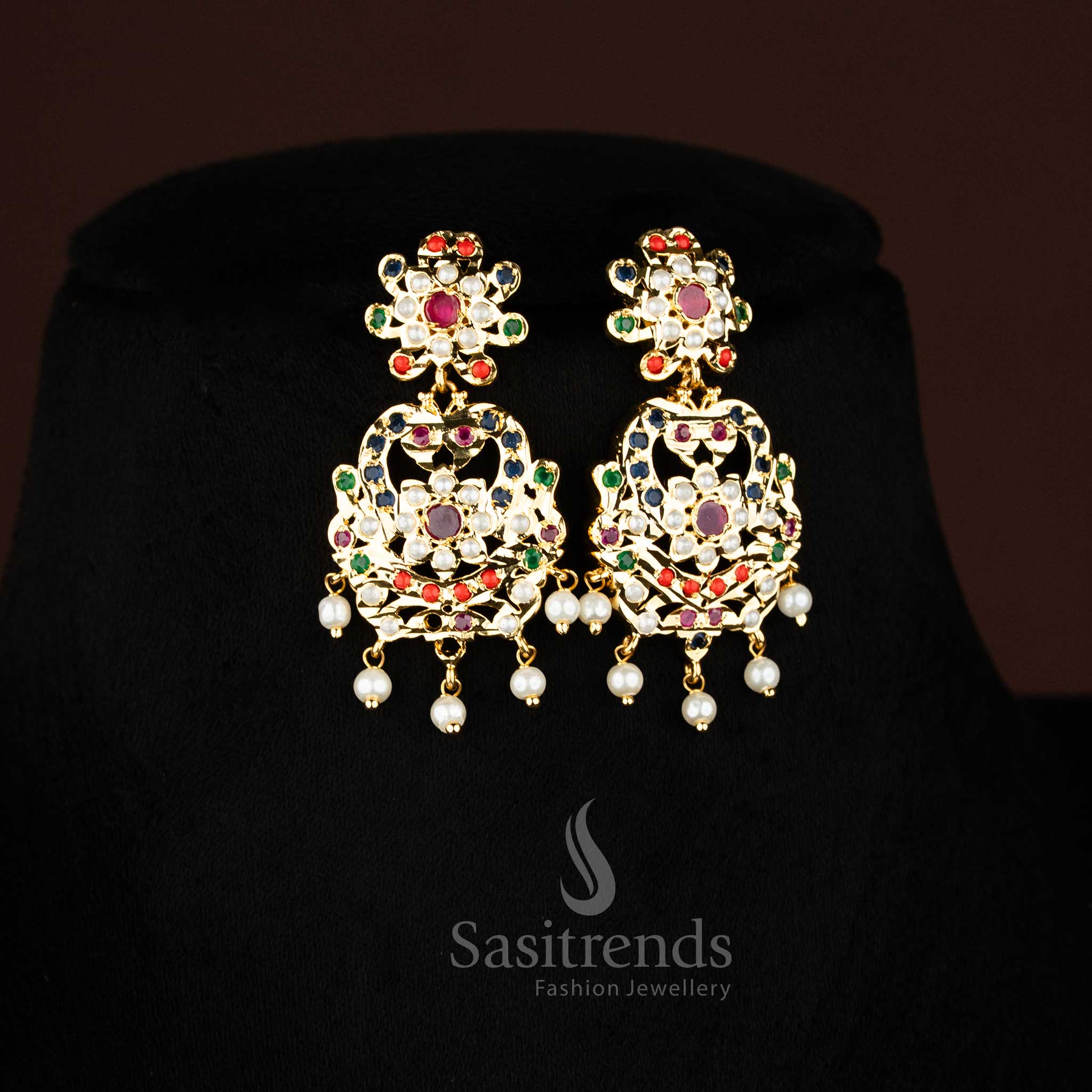 Navarathna 24K pure micro gold plated bridal Punjabi jadau choker with matching peacock AD earrings - Sasitrends