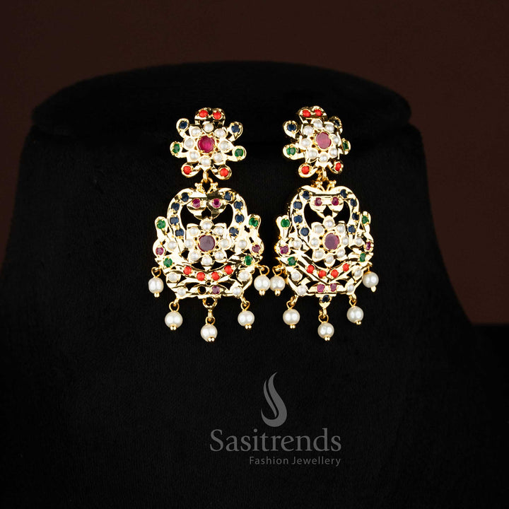 Navarathna 24K pure micro gold plated bridal Punjabi jadau choker with matching peacock AD earrings - Sasitrends
