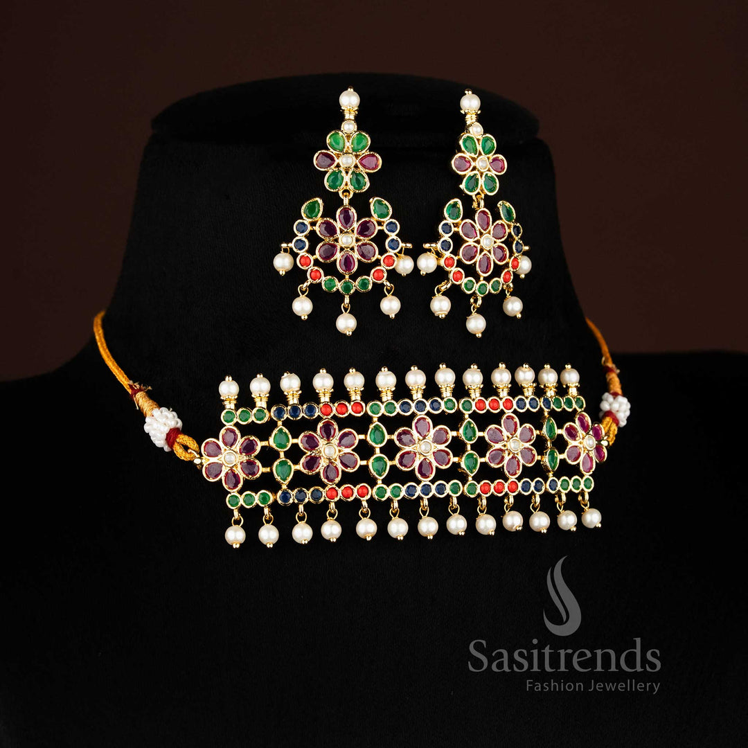 Punjabi Jadau micro gold plated Real gold look Navarathna AD stone flower design choker and matching earrings - Sasitrends
