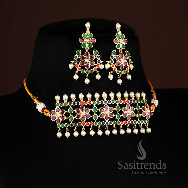 Punjabi Jadau micro gold plated Real gold look Navarathna AD stone flower design choker and matching earrings - Sasitrends