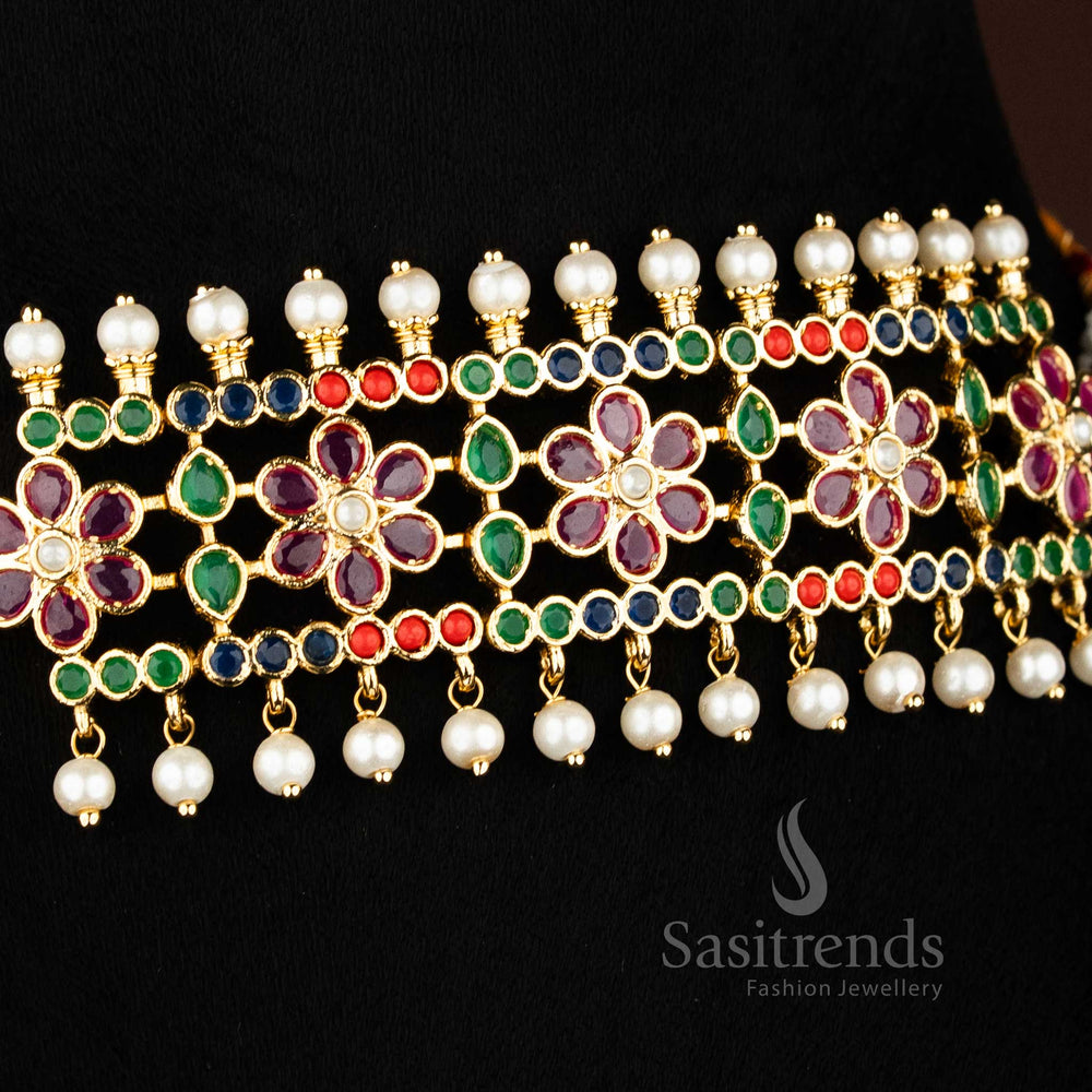 Guaranteed 24K micro gold plated Punjabi jadau floral choker necklace set with pearl hangings - Sasitrends