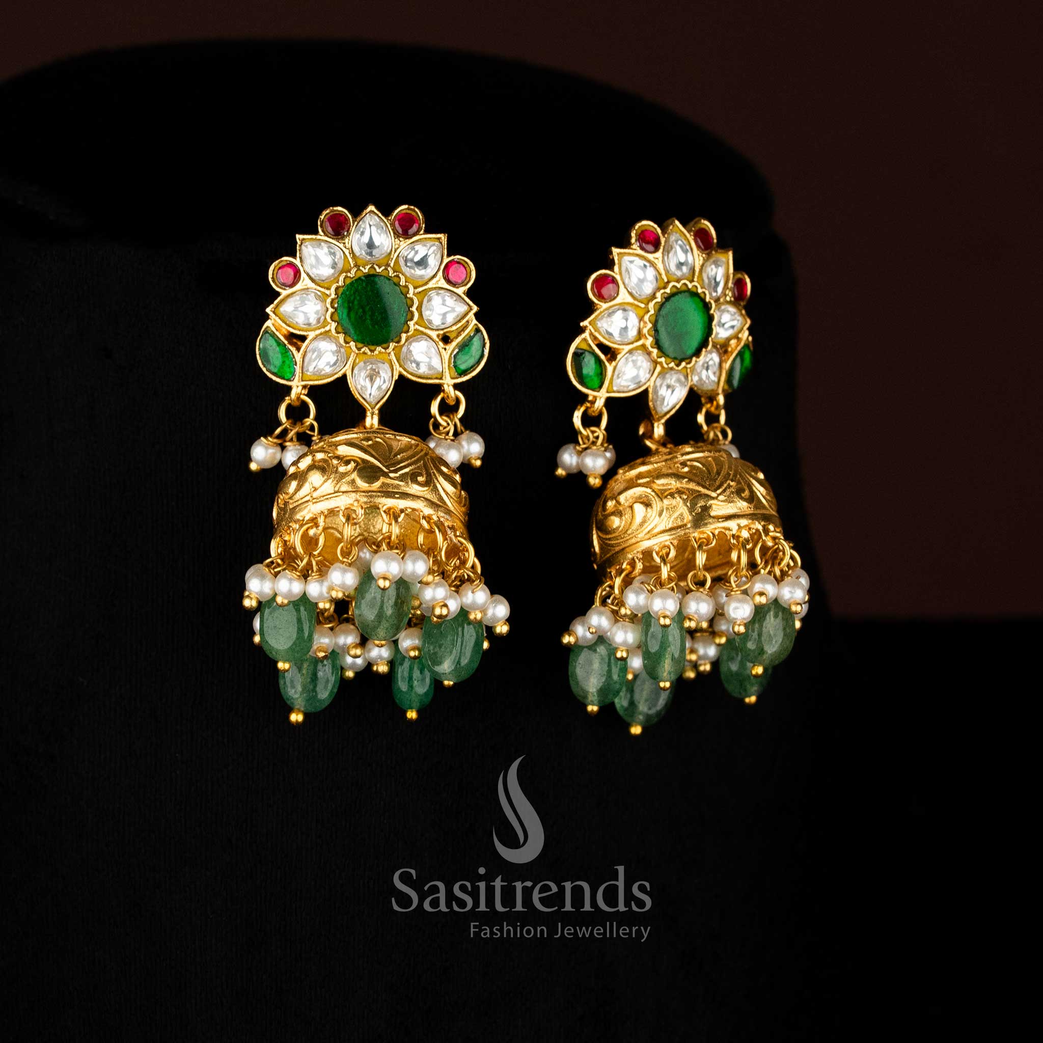 Traditional long pearl necklace jewellery set from Sasitrends featuring rich floral jadau stone pendant craftsmanship and premium real gold look finish