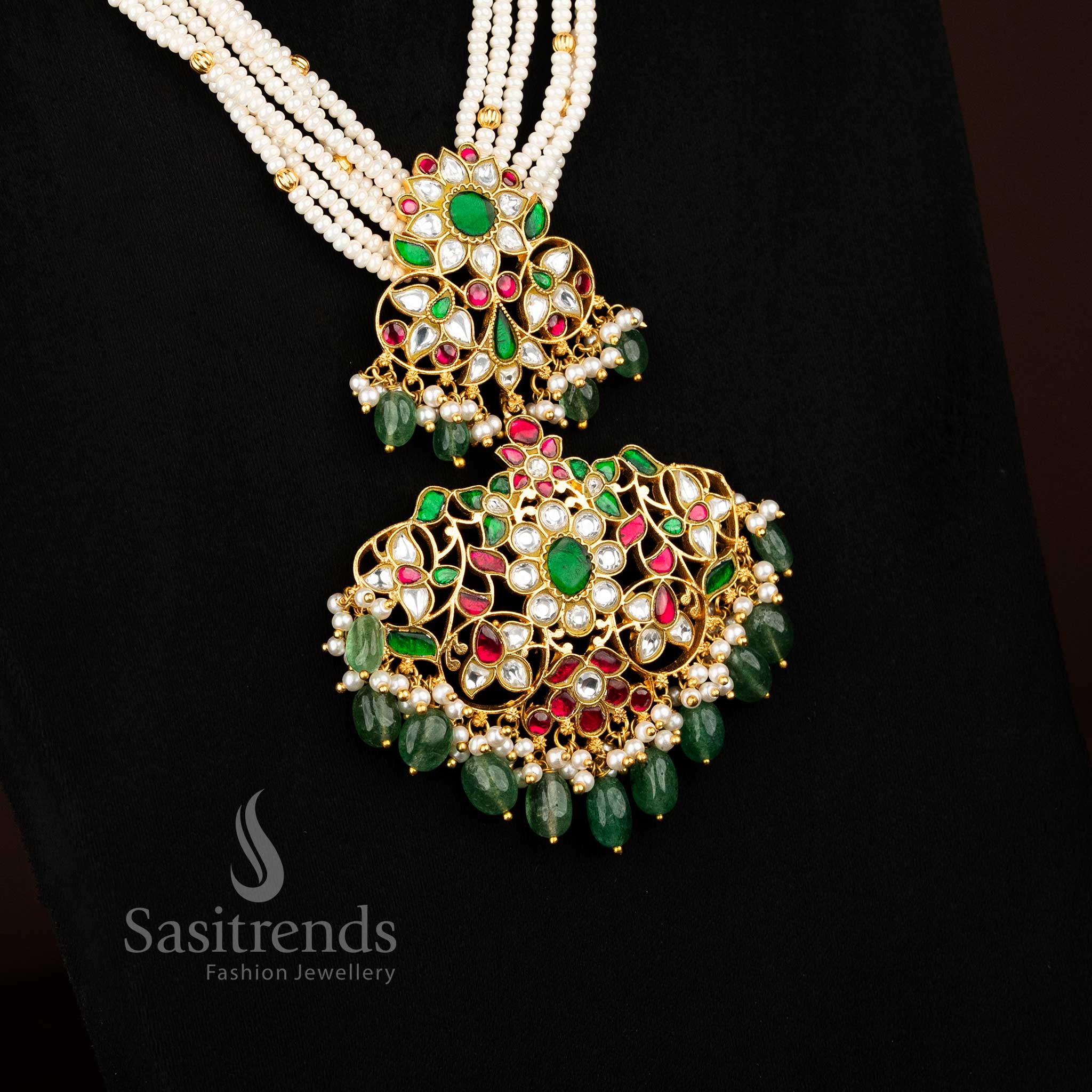 Premium Sasitrends temple style floral pendant long necklace jewellery set with white pearls, green hanging beads and handcrafted jadau detail for grand events