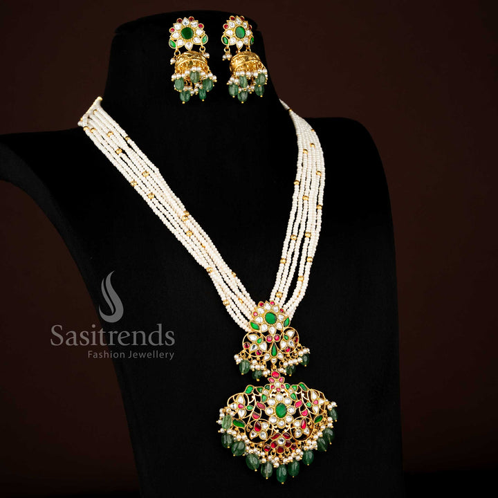 24K Jadau Gold Plated Floral Temple Pearl Long Necklace Jewellery Set