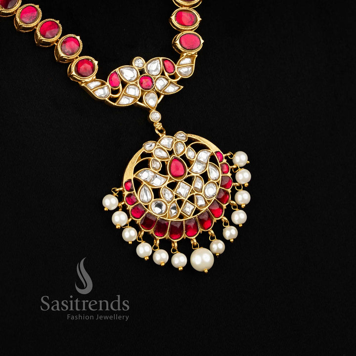 Sasitrends Temple Style Real Gold Look Necklace with Multiple Pearl Drops and Floral Bridal Pendant