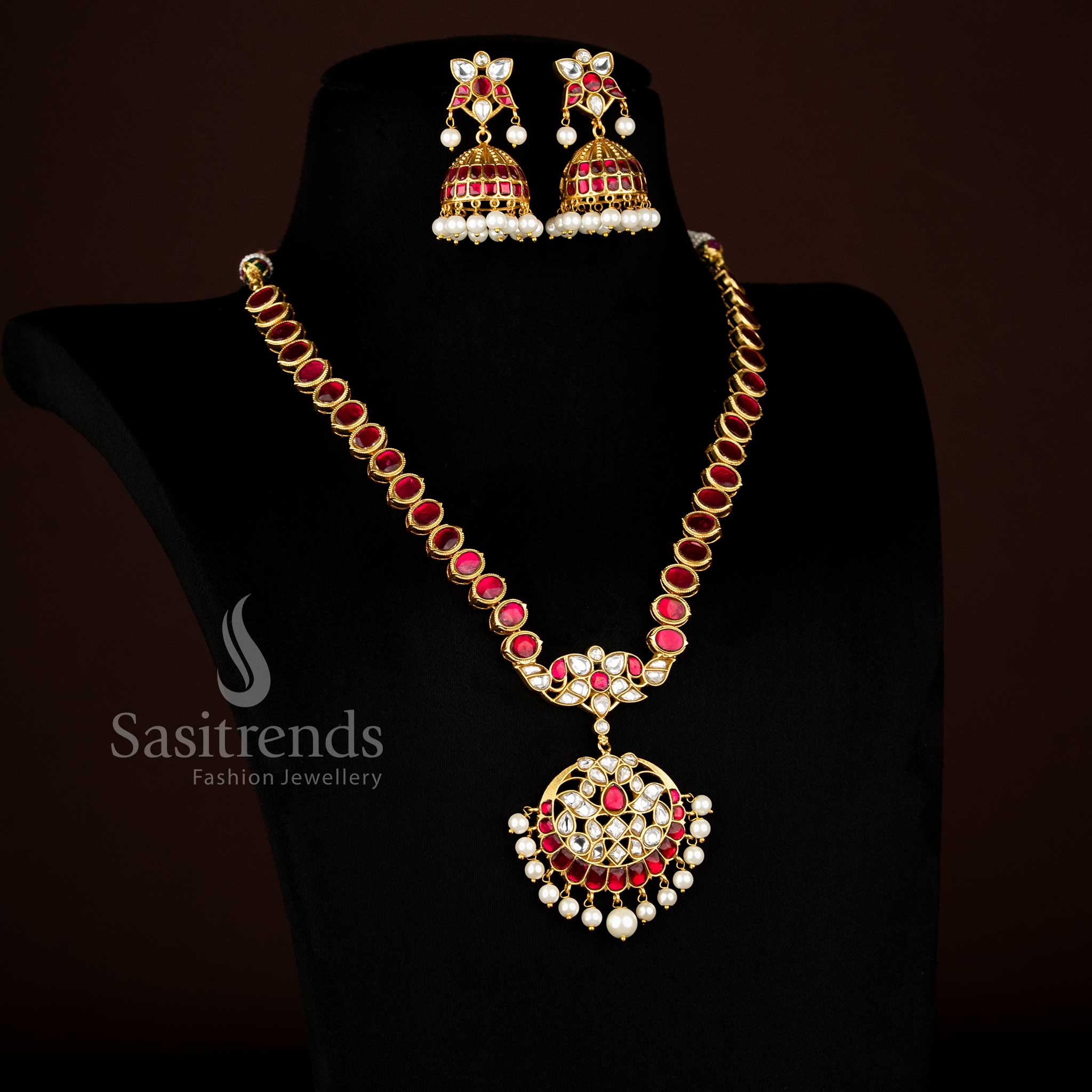 Sasitrends 24K Jadau Gold Plated Floral Temple Pendant Necklace with Pearl Hangings for Bridal Wear