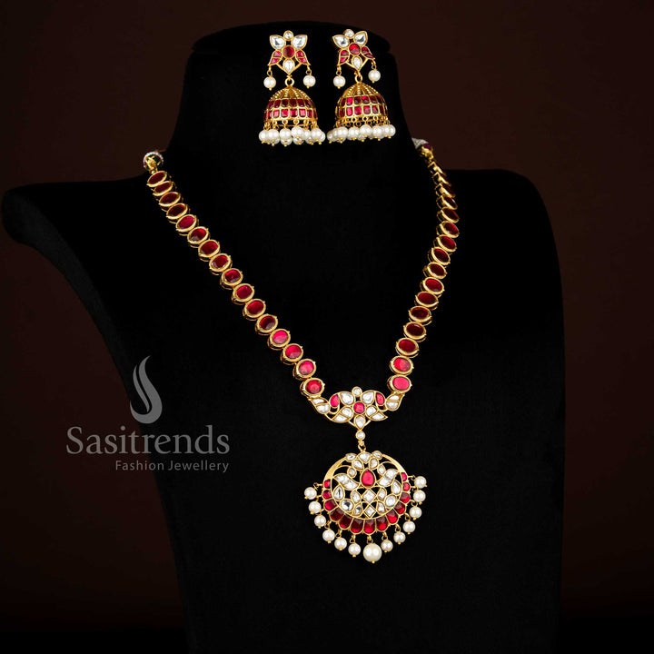 Sasitrends 24K Jadau Gold Plated Floral Temple Pendant Necklace with Pearl Hangings for Bridal Wear