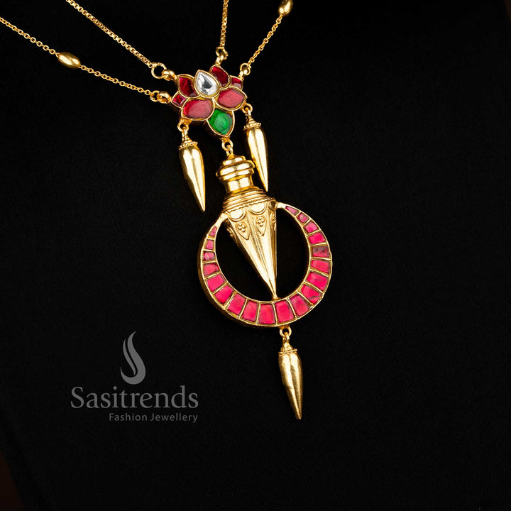 Exquisite Sasitrends temple jewelry set in 24K jadau gold plating, lotus motif design, jhumki-style hanging drops, grand occasion wear, luxurious and traditional elegance