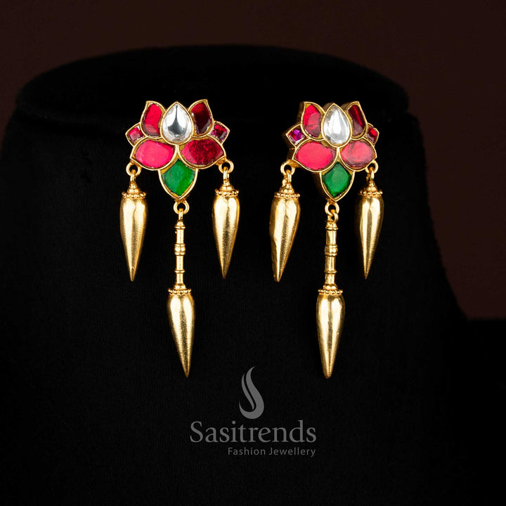 Premium Sasitrends 24K jadau gold plated necklace and matching earrings, lotus motif pendant, double-layered chain, festive bridal look, ideal gift for loved ones.