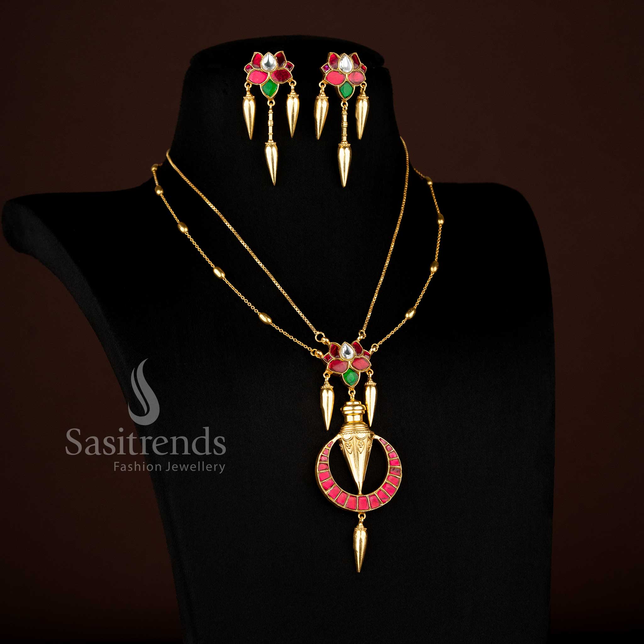Premium Sasitrends 24K jadau gold plated necklace and matching earrings, lotus motif pendant, double-layered chain, festive bridal look, ideal gift for loved ones.