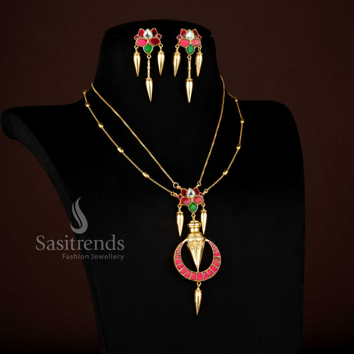 Premium Sasitrends 24K jadau gold plated necklace and matching earrings, lotus motif pendant, double-layered chain, festive bridal look, ideal gift for loved ones.
