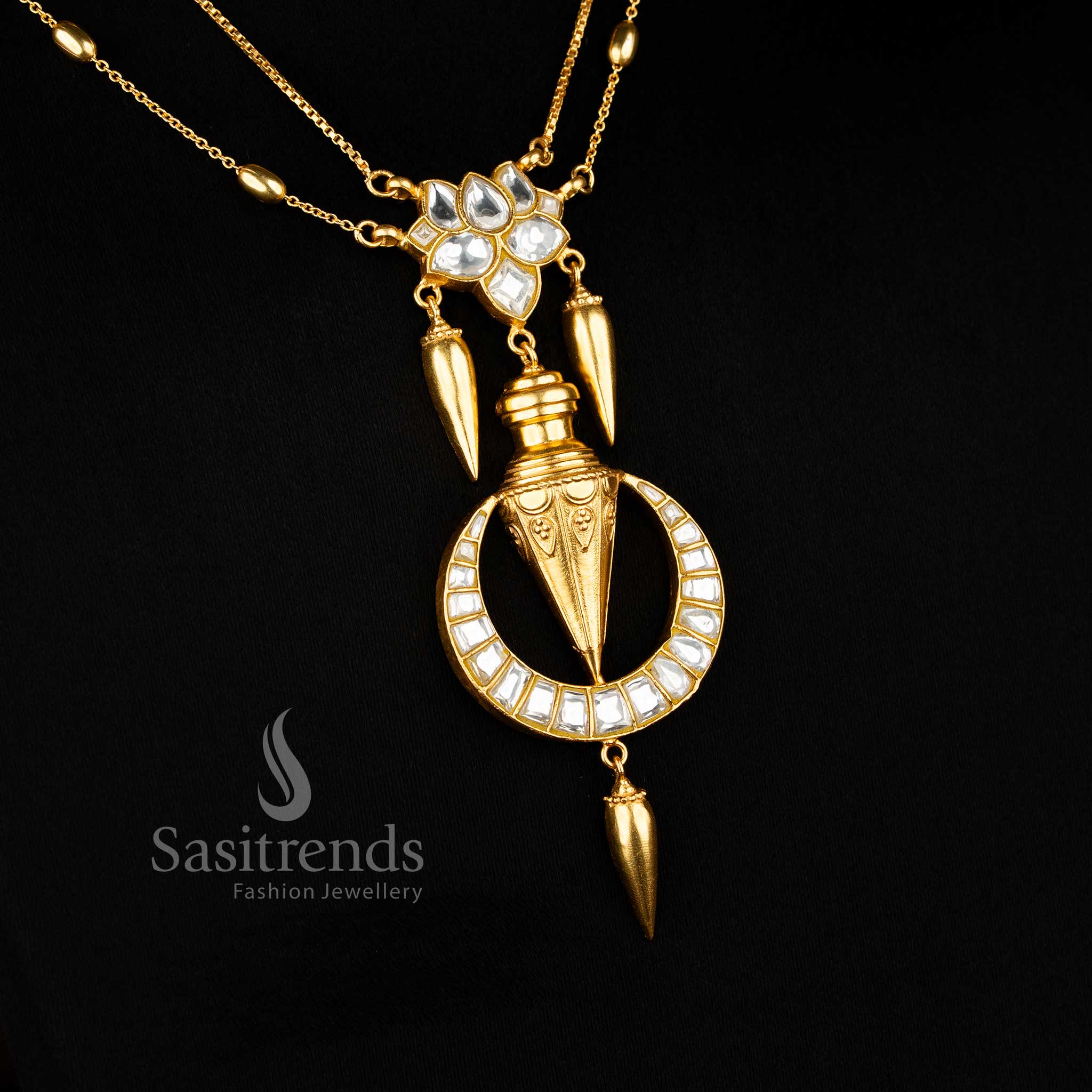 Premium Sasitrends 24K jadau gold plated necklace and matching earrings, lotus motif pendant, double-layered chain, festive bridal look, ideal gift for loved ones.