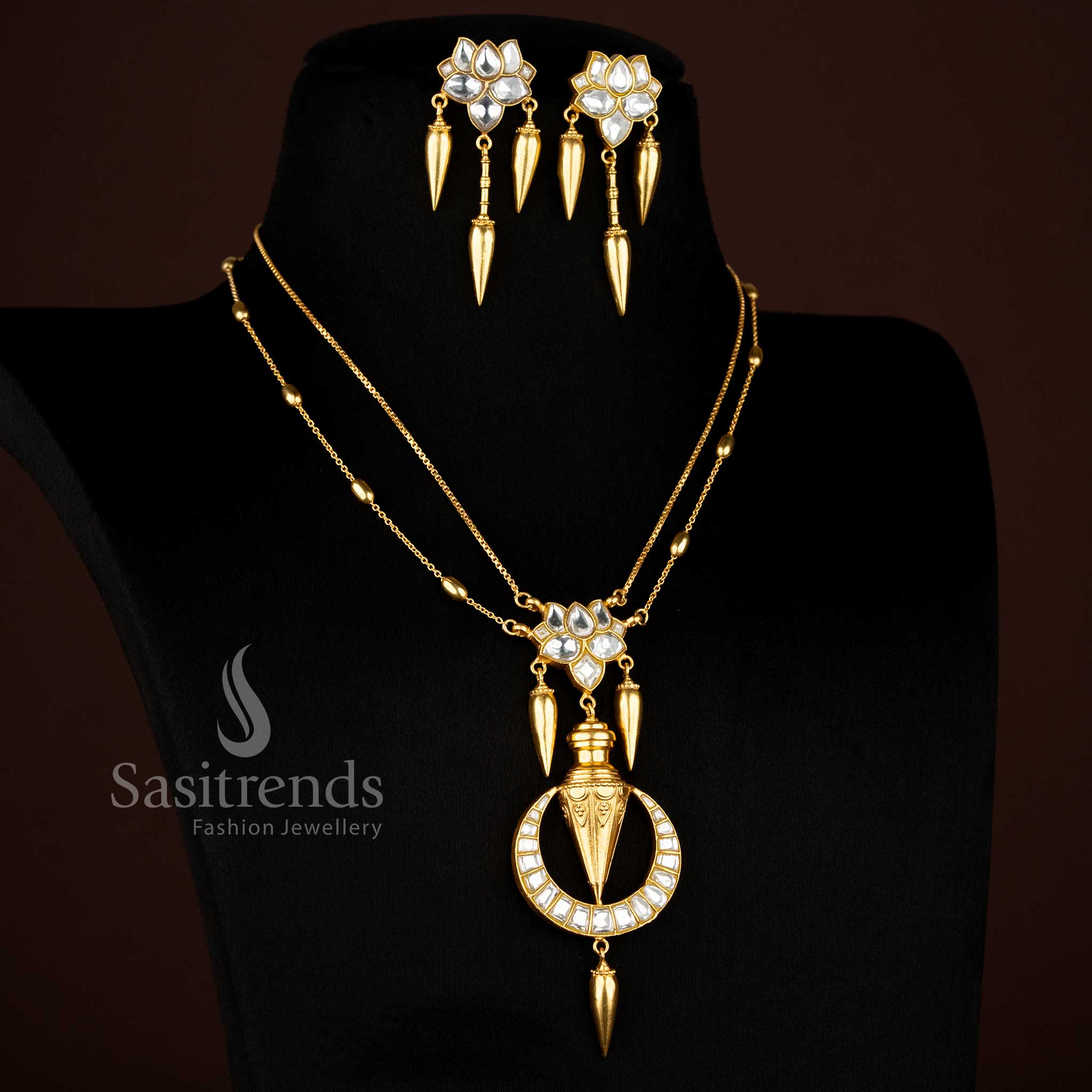 Sasitrends 24K jadau gold plated lotus motif temple necklace with double-layer chain and hanging jhumki-style drops, premium wedding bridal wear, rich look, gift to loved ones