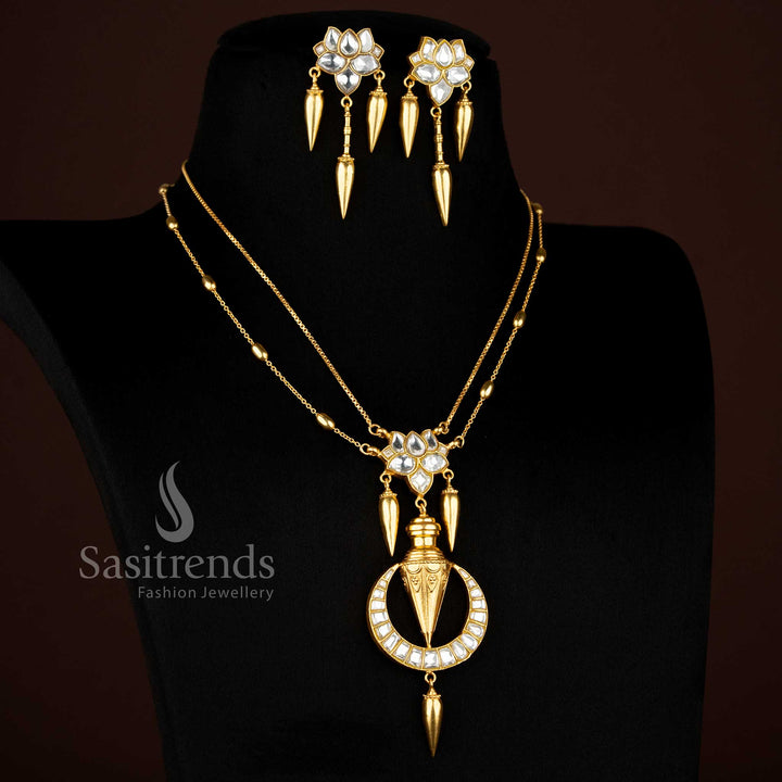 24K Jadau Gold Plated Double-Layer Lotus Motif Temple Necklace with Hanging Jhumki-Style Drops & Matching Earrings
