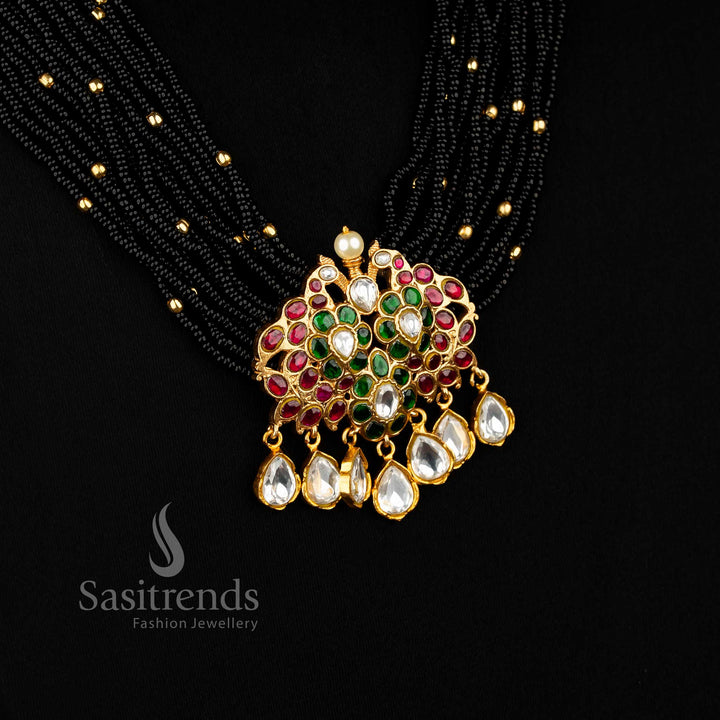 Stunning Elegant 24K jadau gold plated white black bead long necklace set with peacock pendant - Sasitrends 