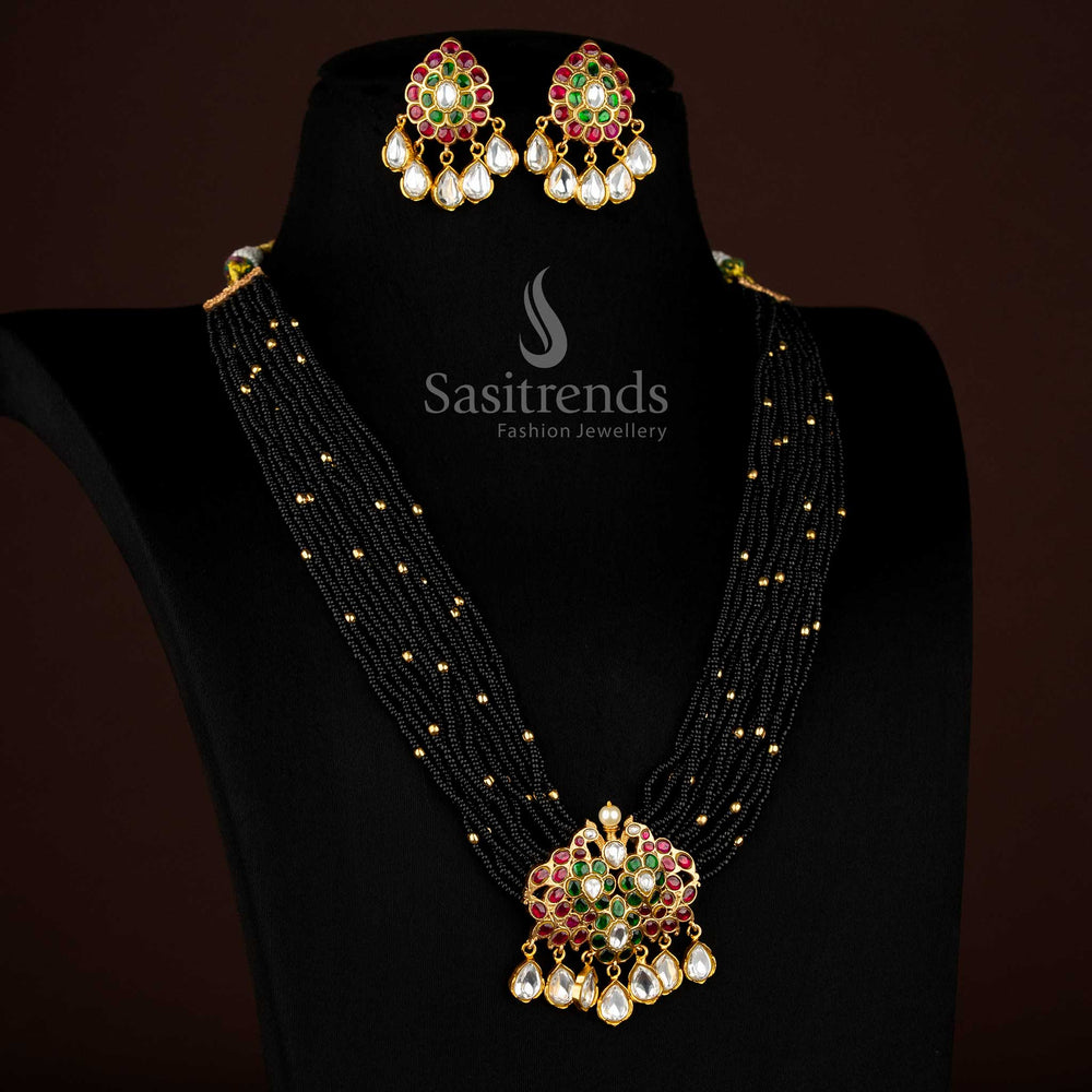 Traditional 24K jadau gold plated bead long necklace set with peacock pendant - Sasitrends 