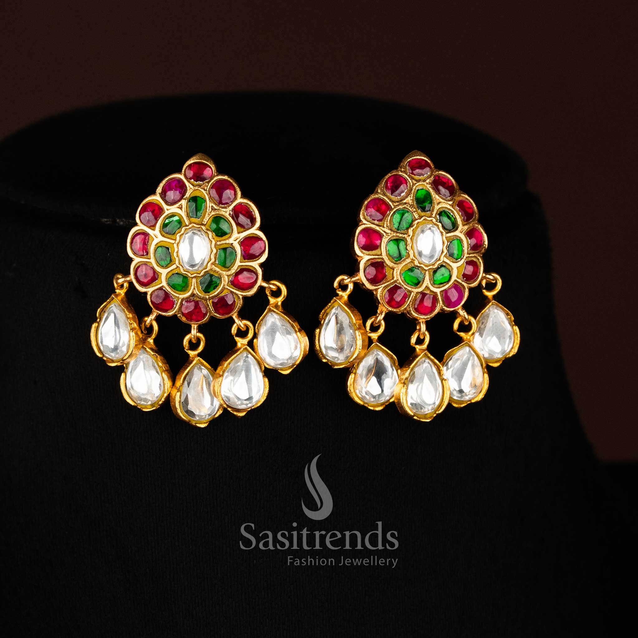Stunning trendy Elegant 24K jadau gold plated white bead long necklace set with peacock pendant - Sasitrends 