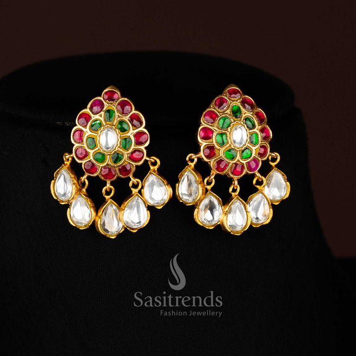 Stunning trendy Elegant 24K jadau gold plated white bead long necklace set with peacock pendant - Sasitrends 