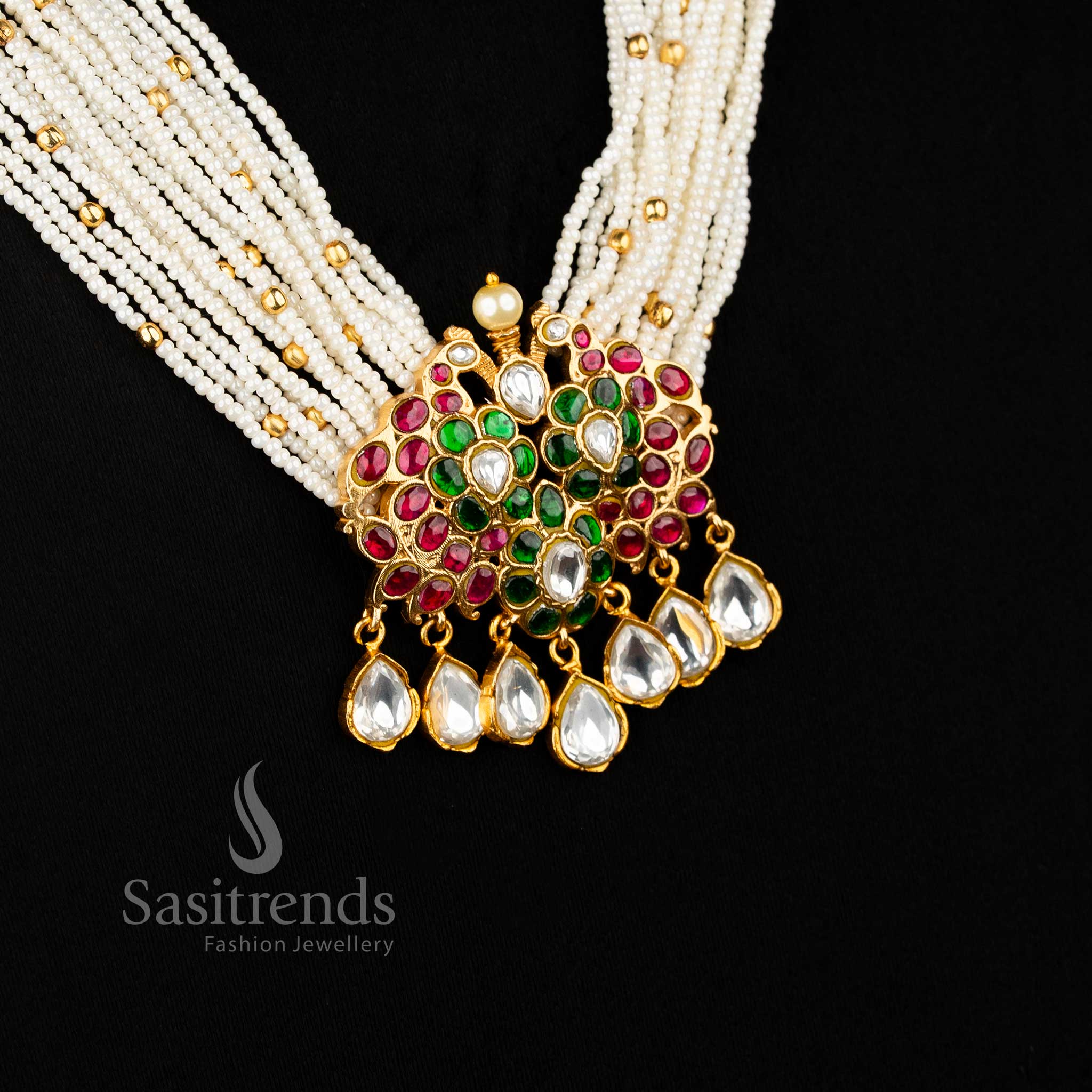 Traditional Elegant 24K jadau gold plated white bead long necklace set with peacock pendant - Sasitrends 