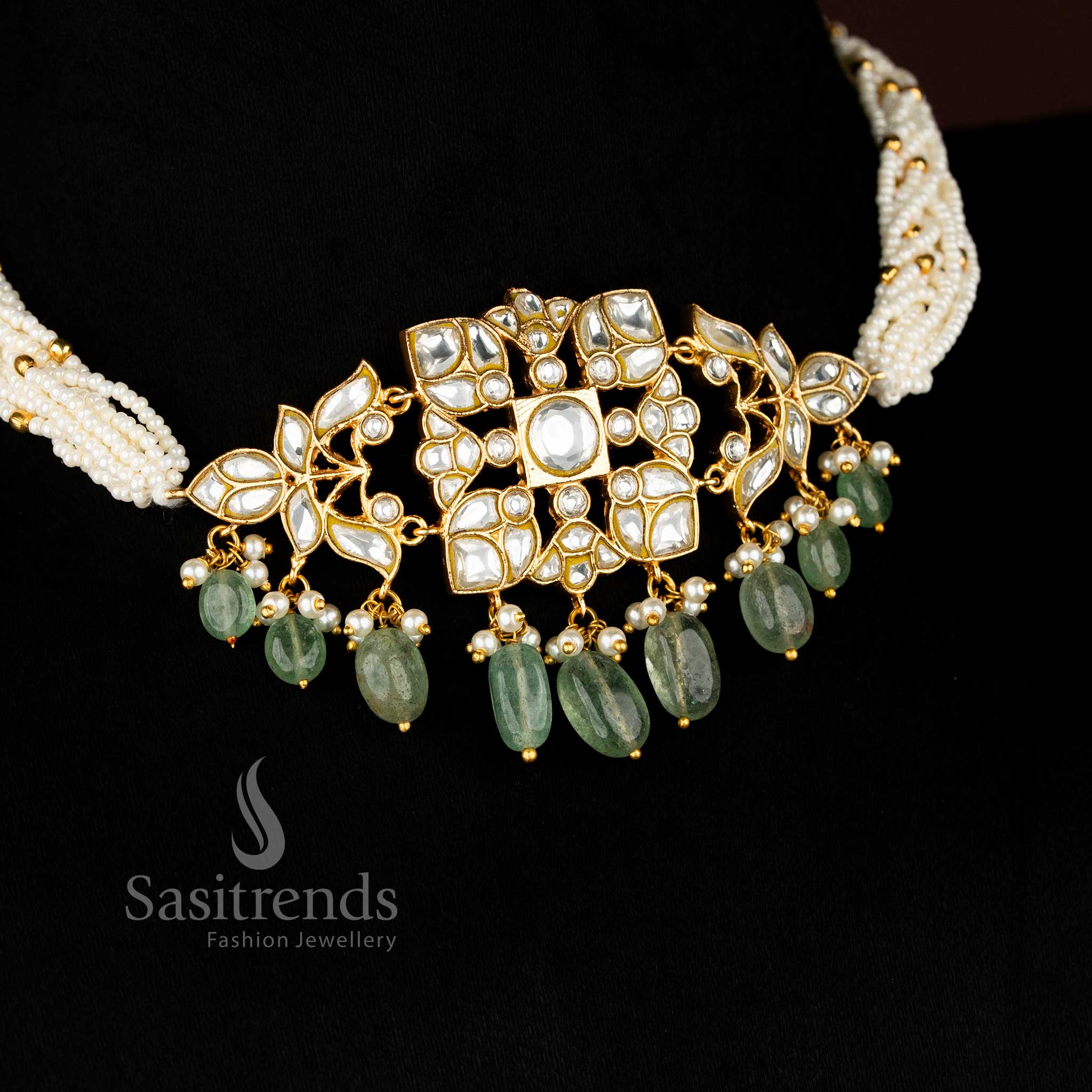 Sasitrends 24k jadau gold plated premium temple jewellery choker with green bead hangings