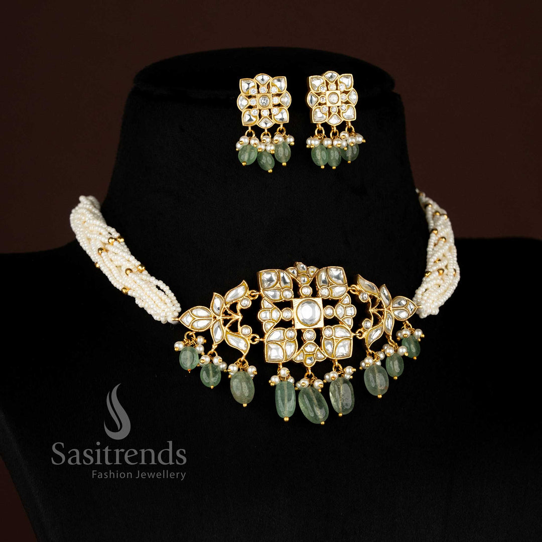 Sasitrends 24K jadau gold plated floral pendant pearl choker set for bridal wear