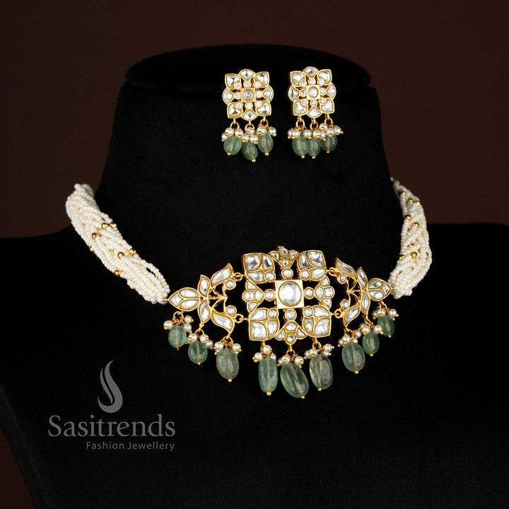 Traditional 24K Jadau Gold Plated Pearl Choker Necklace Set with Green Bead Hangings & Floral Pendant