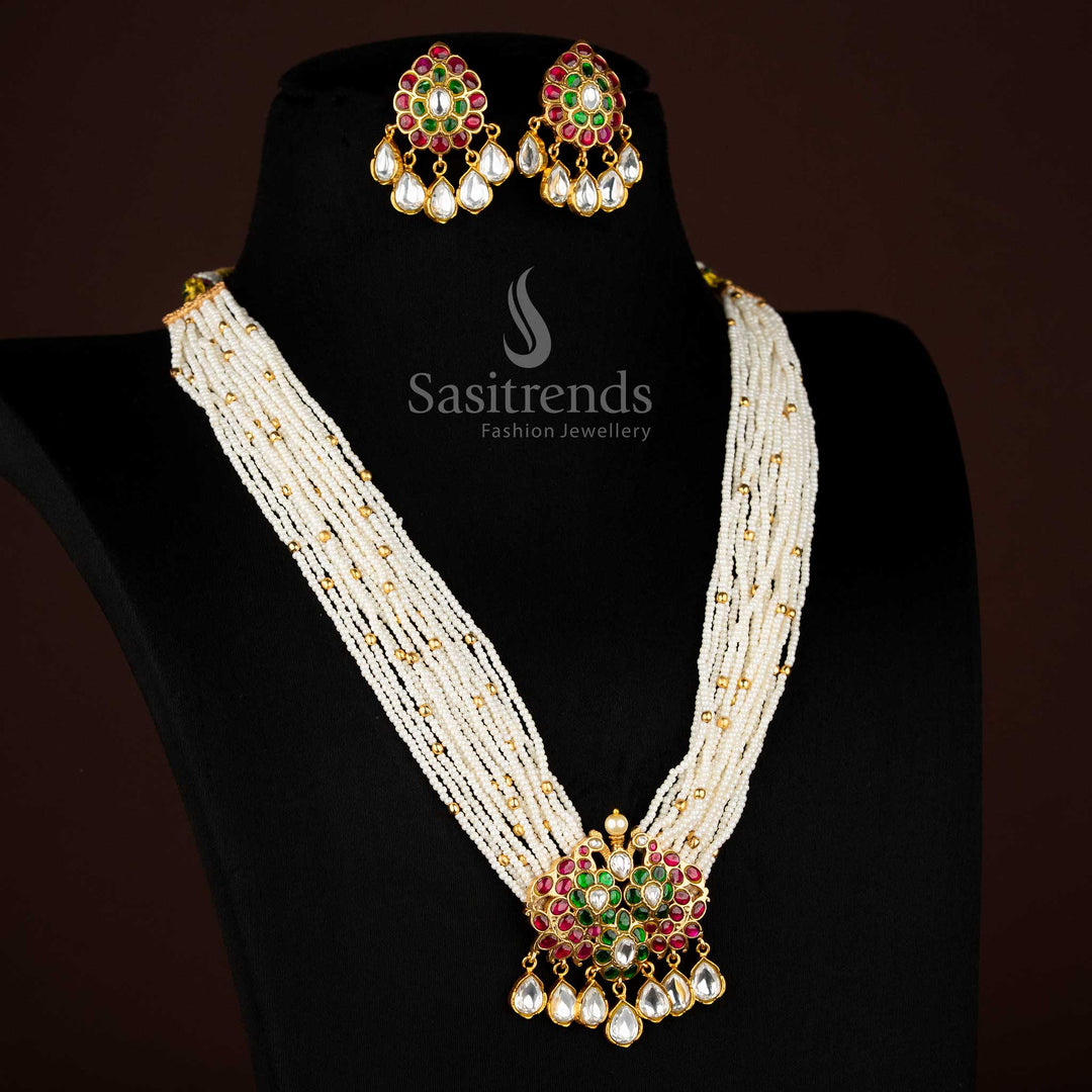 Sasitrends 24K jadau gold plated bead long necklace set with peacock pendant