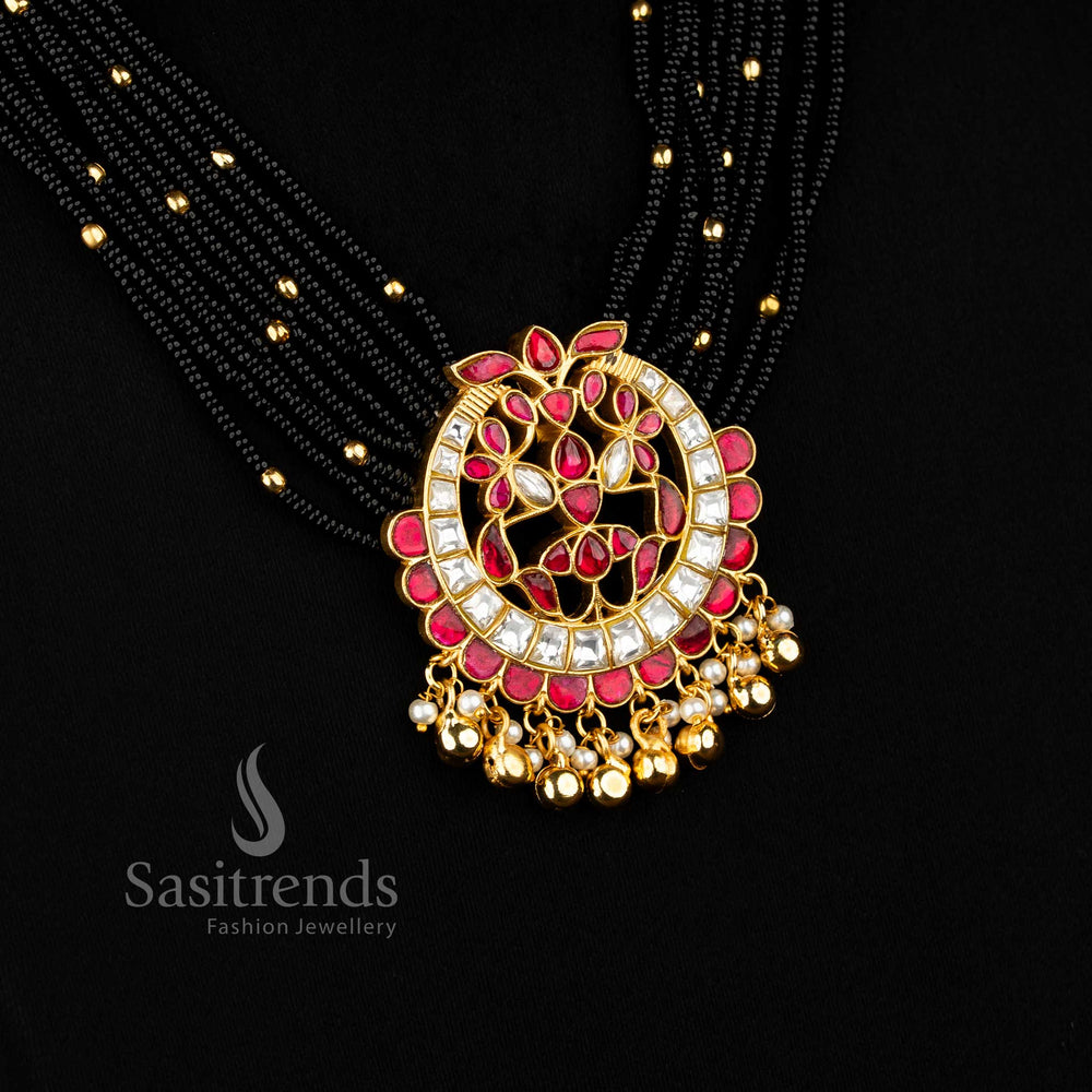 24K jadau plated round floral pendant long necklace with pearl and golden ball hanging beads - Sasitrends