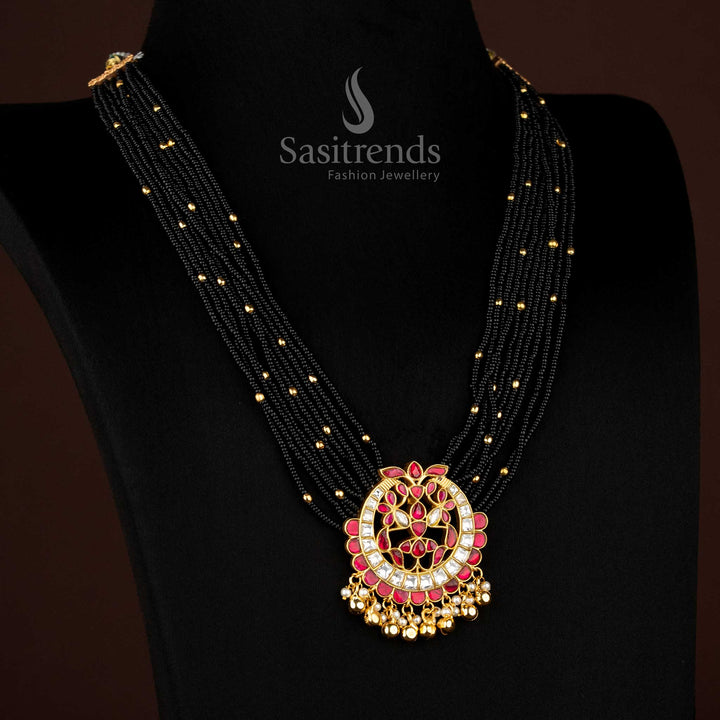 24K Jadau Gold Plated Multi-Layer Beaded Round Floral Pendant Long Necklace with Pearl & Golden Ball Hanging Beads