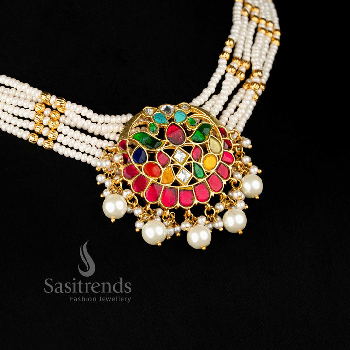 Traditional 24k gold plated floral pendant pearl Navarathna choker for bridal and temple wear - Sasitrends