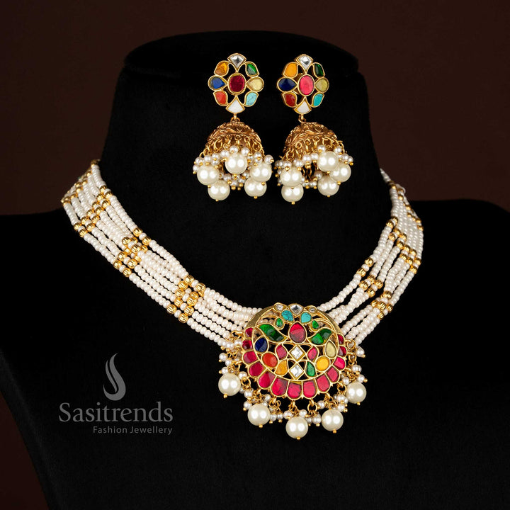 Enchanting 24K Jadau Gold Plated Pearl Strand Choker Necklace Set with Round Floral Pendant For Festive and Traditional Wear