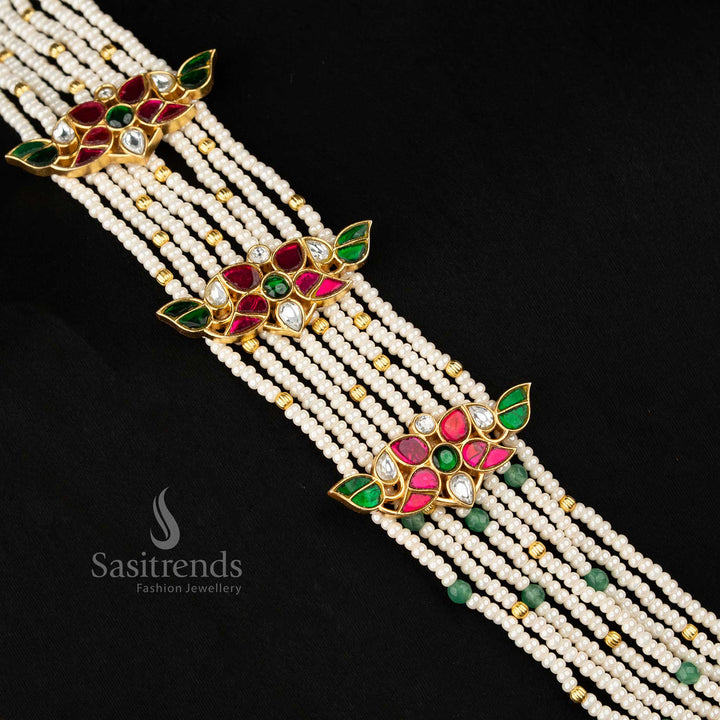 Multi-strand pearls with floral motifs necklace set for modern festive wear – Sasitrends