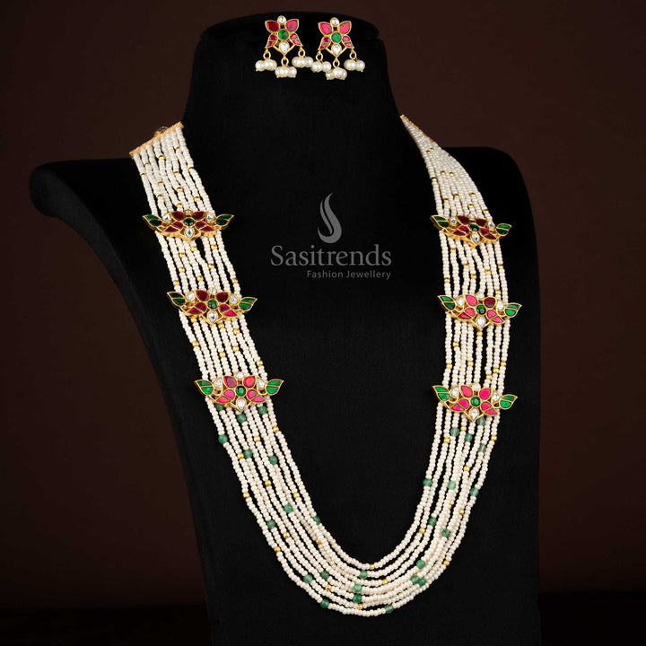 Multi-Strand Pearl Beauty – Jadau 24K Gold Plated Floral Necklace Set for Reception, Engagement & Grand Gown Styling