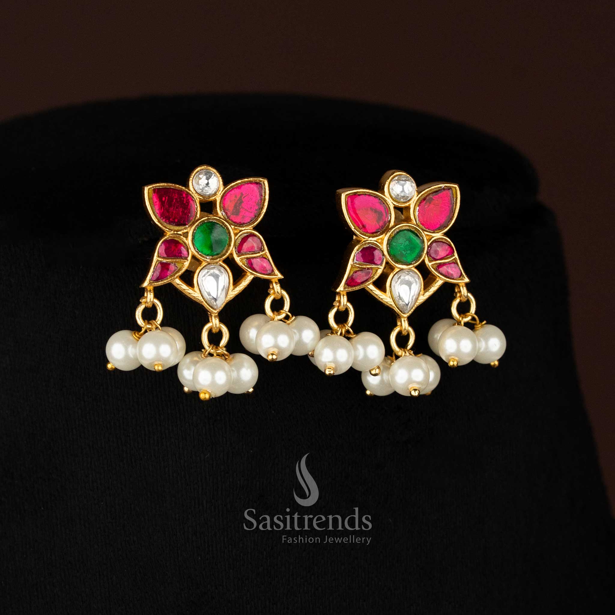 Multi-strand pearls with floral motifs necklace set for modern festive wear – Sasitrends