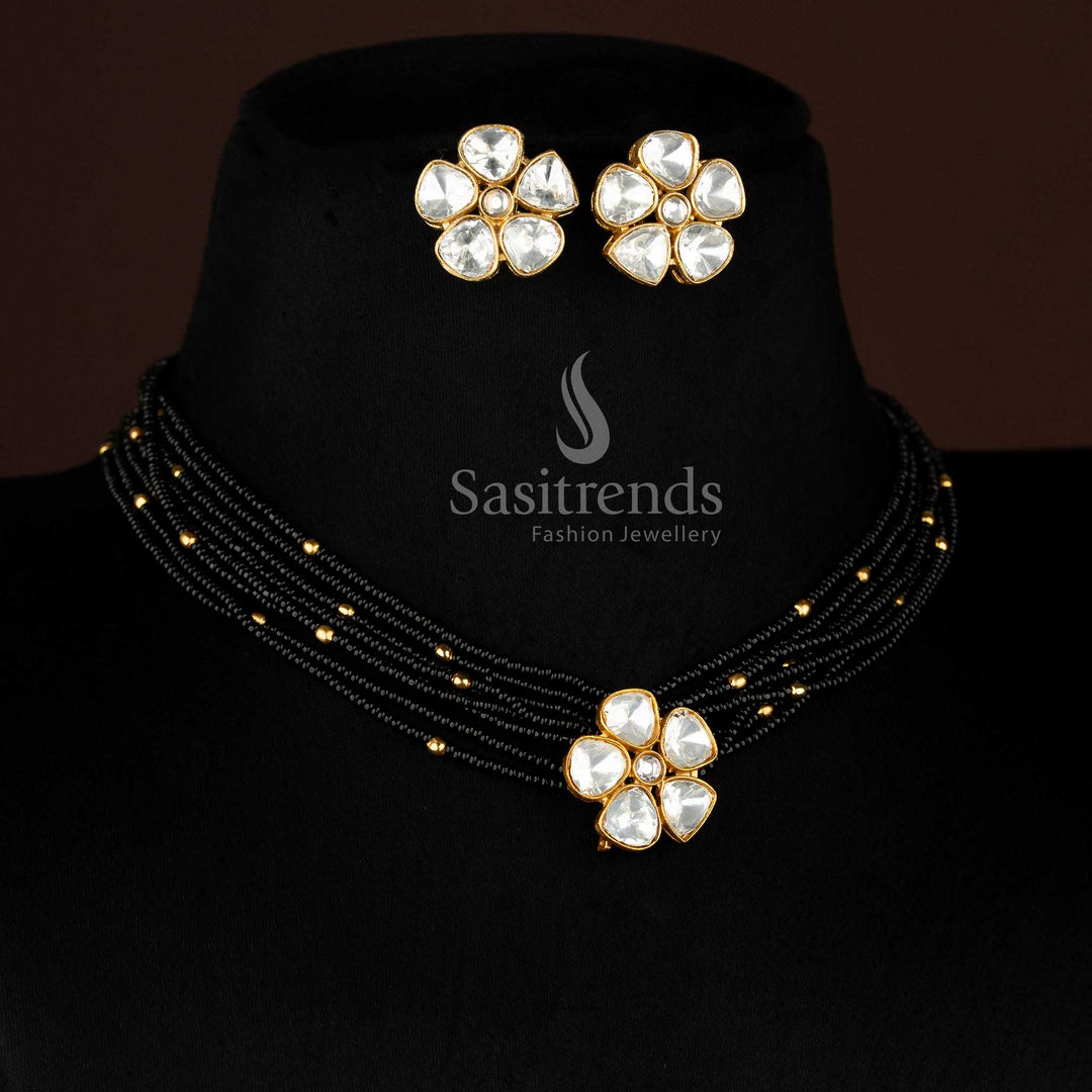 Traditional temple & festive wear 24k jadau gold plated bead strand choker necklace set with handcrafted flower pendant by sasitrends