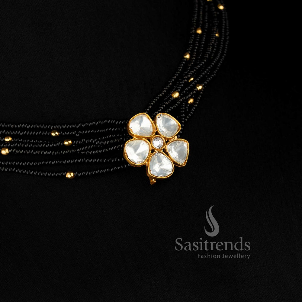 Traditional 24k jadau gold plated bead strand choker necklace set with handcrafted flower pendant by sasitrends