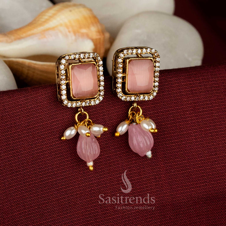 Party wear victorian plated pink AD stone square frame pearl bead hanging earrings - Sasitrends
